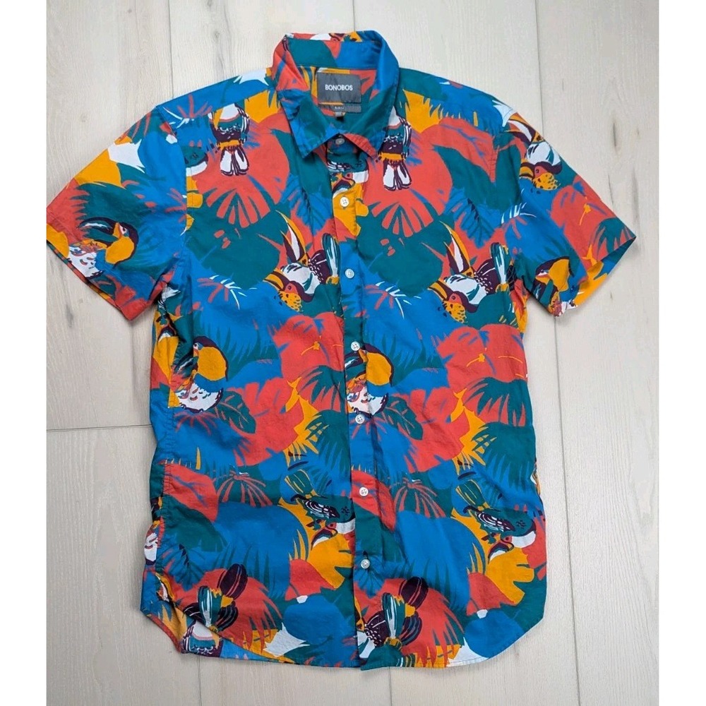 Bonobos‎ Slim Fit Print Sport Short Sleeve Shirt Toucan Tropics Coral Fan Mens M